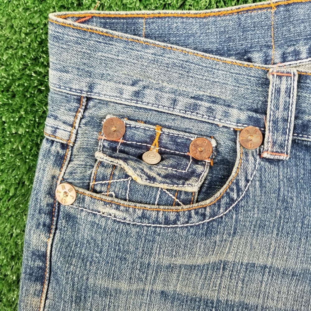 Vintage True‎ Religion Jeans Joey Embroidered Dragon 38x33 Blue Denim Flare 90s - Picture 9 of 16